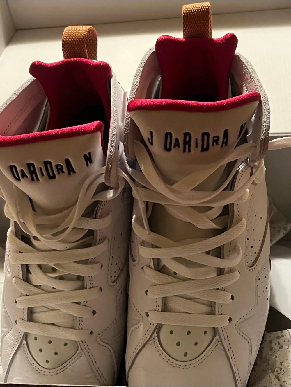 Jordan High-Top Sneakers in White with Red and Tan Accents